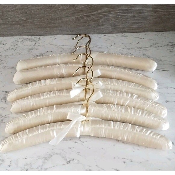 Set of 6 Ivory Satin Padded Clothes Hangers Lingerie Gold Chrome Hangers 15.5" - Picture 1 of 4